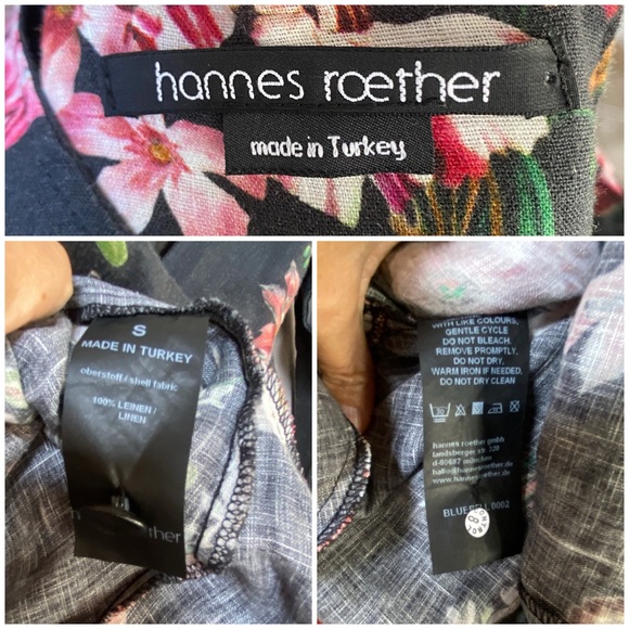 Hannes Roether 100% floral black linen 3/4 sleeves cinch back midi dress… - Picture 5 of 11